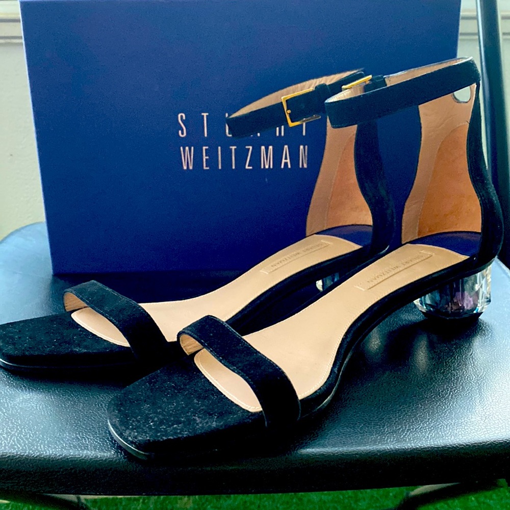 Stuart Weitzman black suede sandal with lucite heel